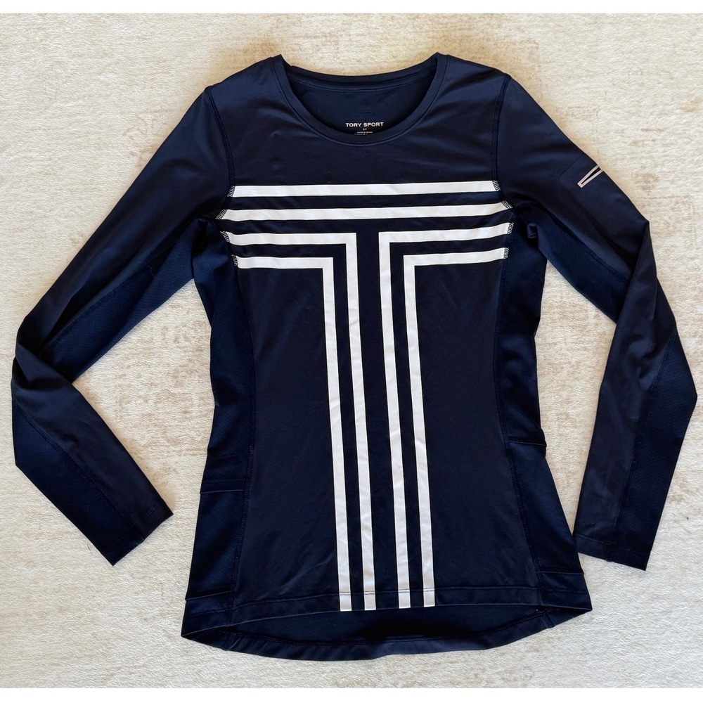 Tory Sport Womens Navy Blue White Graphic T Long Sleeve Running Shirt Small
